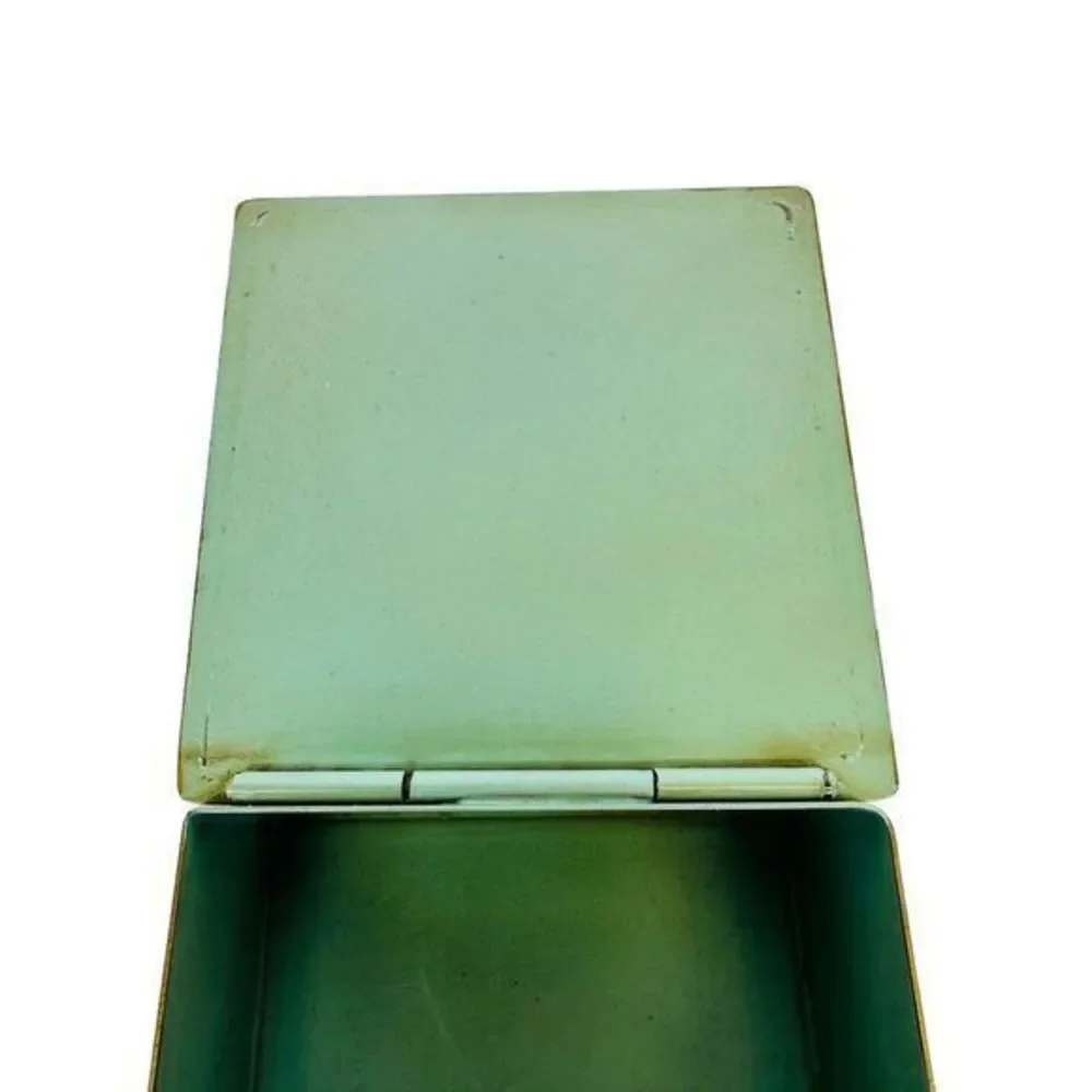 Vintage Hinged Metal Trinket Jewelry Box Blue/Green With Gold Trim  3.75